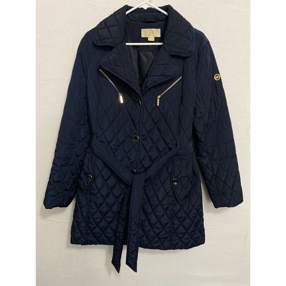 Michael Kors Women's XL Quilted Navy Blue Gold Winter Coat with Belt